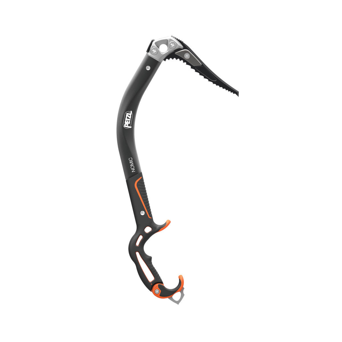 Petzl Nomic Ice Axe, side view shown with black handle, shaft and pick