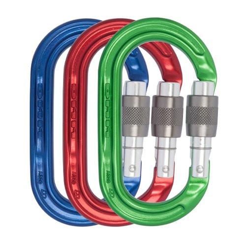 3 DMM Ultra O Carabiners in blue, red and green colours shown side by side but overlapping