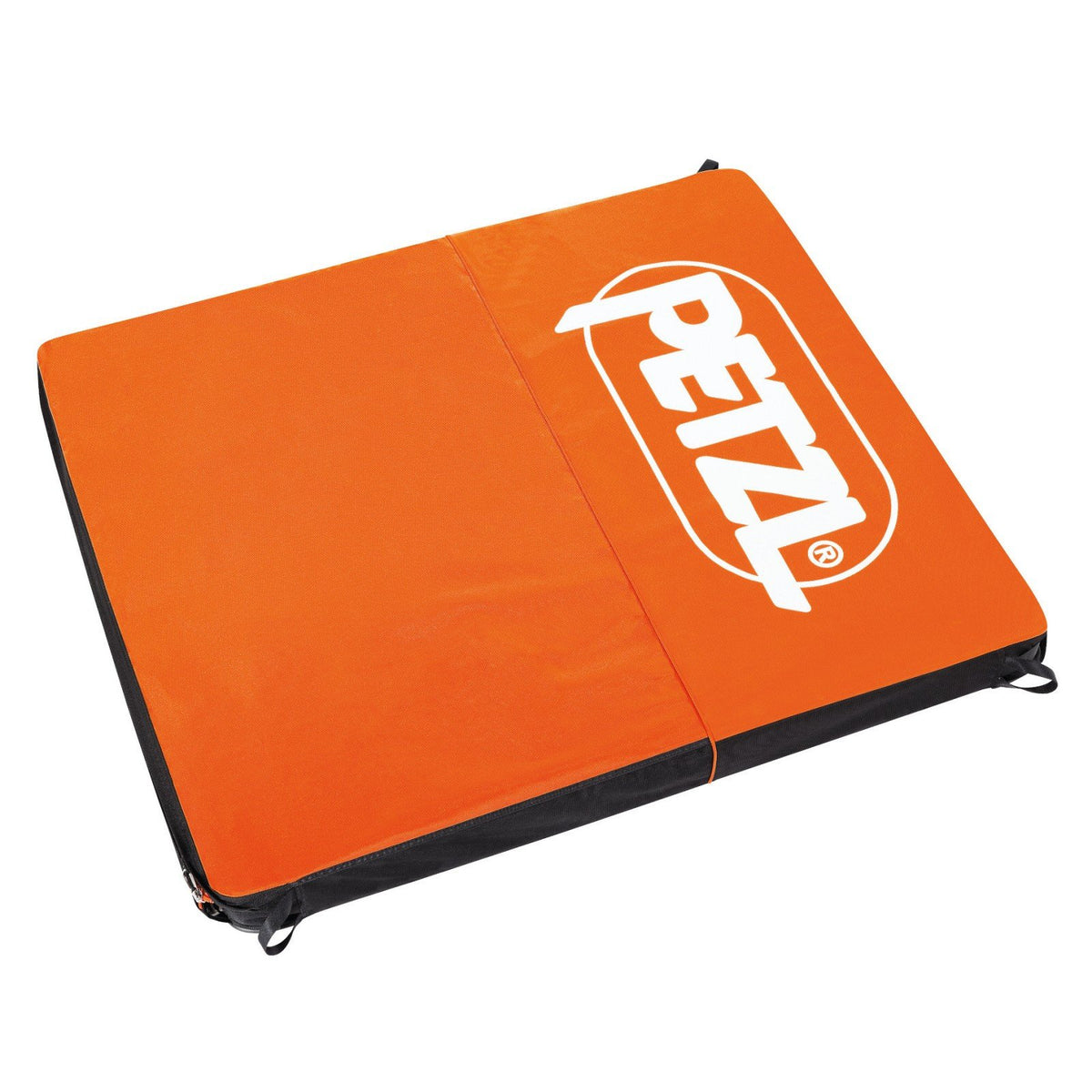 Petzl Alto bouldering crash pad, shown open laid flat, in orange colour with white brand logo
