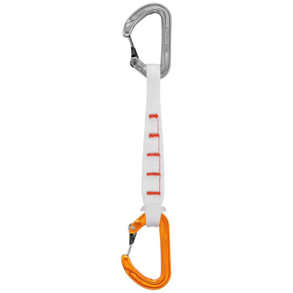 Front view of Petzl ANGE S Finesse 17cm Quickdraw showing one carabiner in silver and one in orange linked by a white dog bone sling with orange stitching.