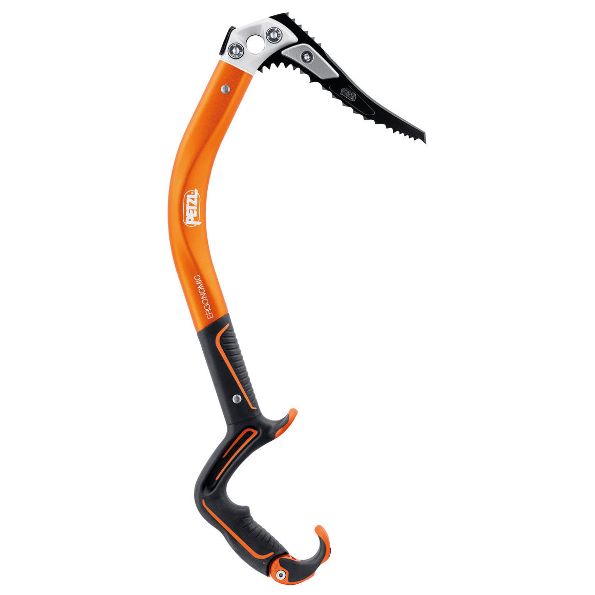 Petzl Ergonomic Ice Axe, side view shown in orange and black colours