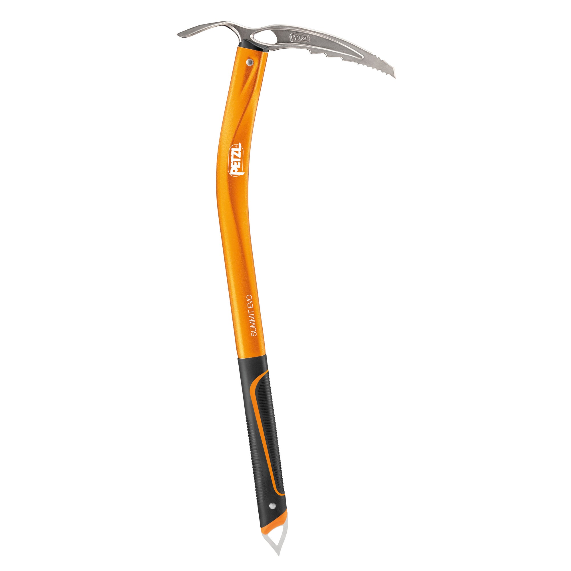 Petzl Summit Evo Ice Axe, shown stood upright with black handle, orange shaft and silver pick