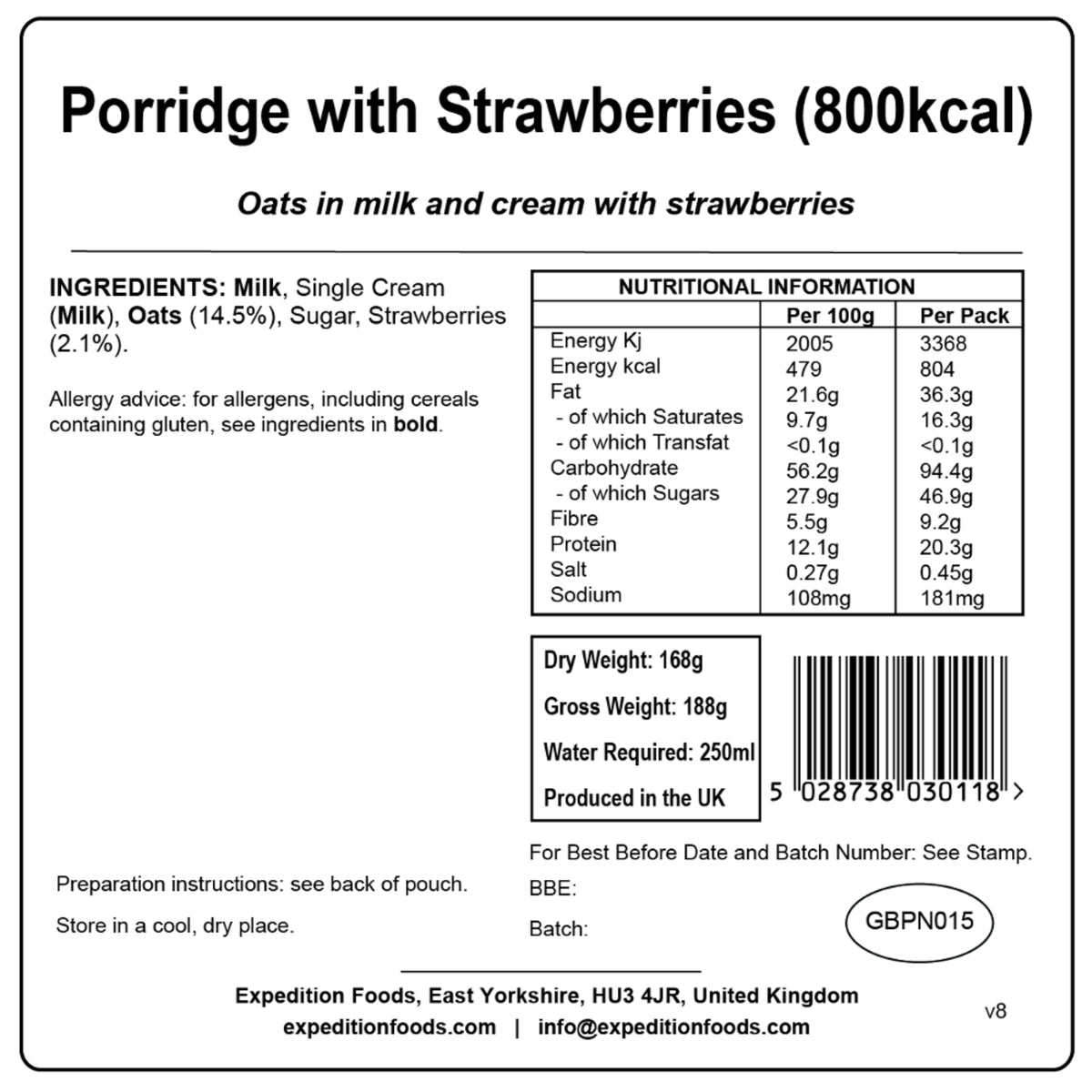 Expedition Foods Porridge with Strawberries (800kcal), dried camping food pack
