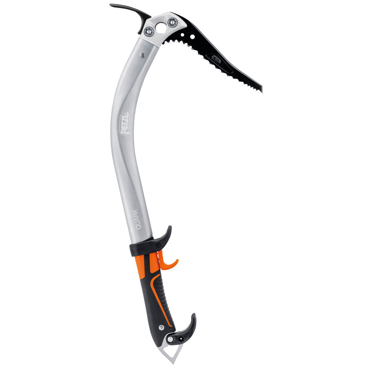 Petzl Quark Ice Axe, side view shown with a black handle and pick, and silver shaft