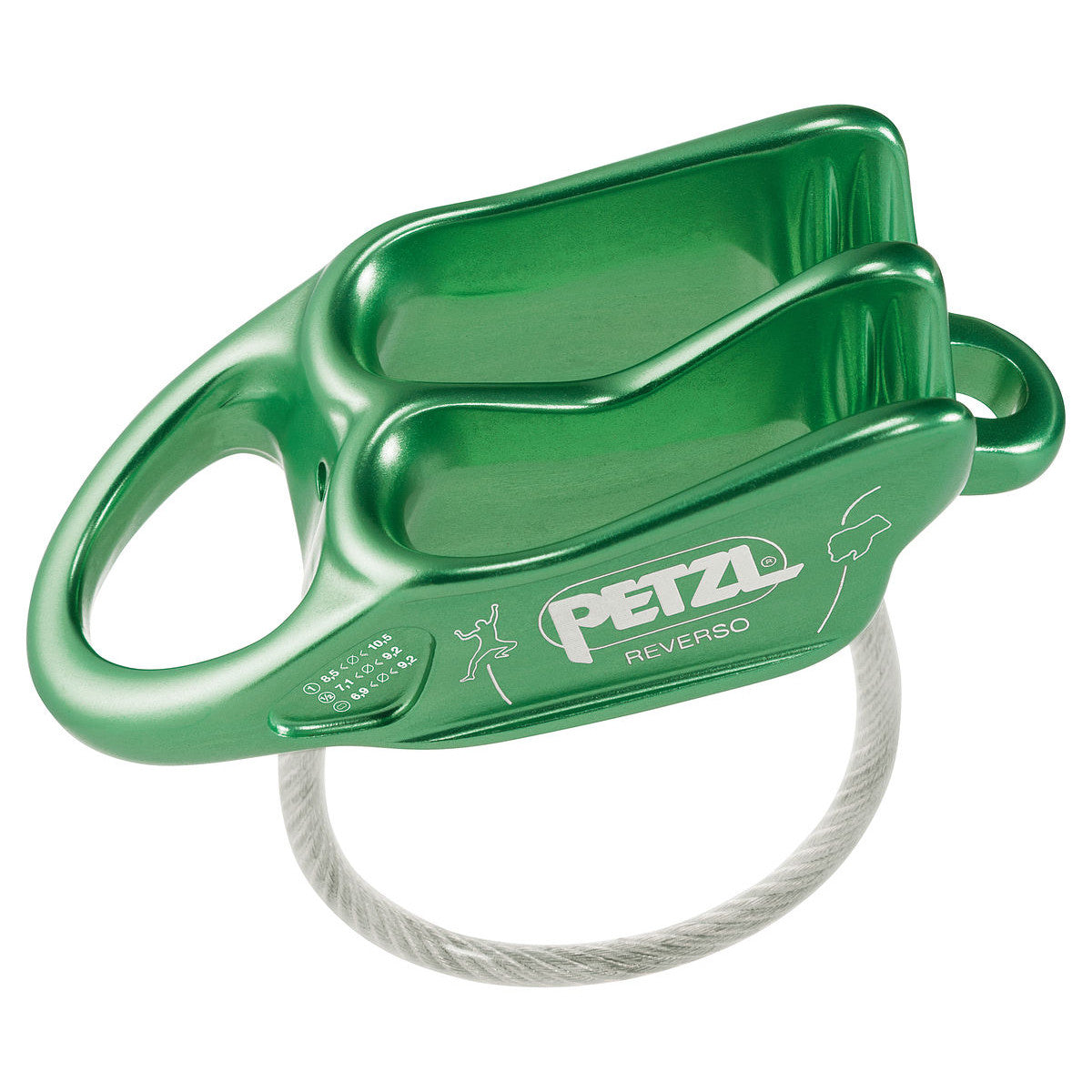 Petzl Reverso belay device, side view shown in green colour 