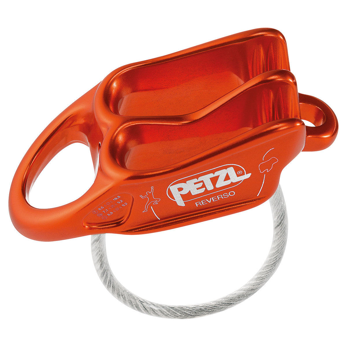 Petzl Reverso belay device, side view shown in red colour 