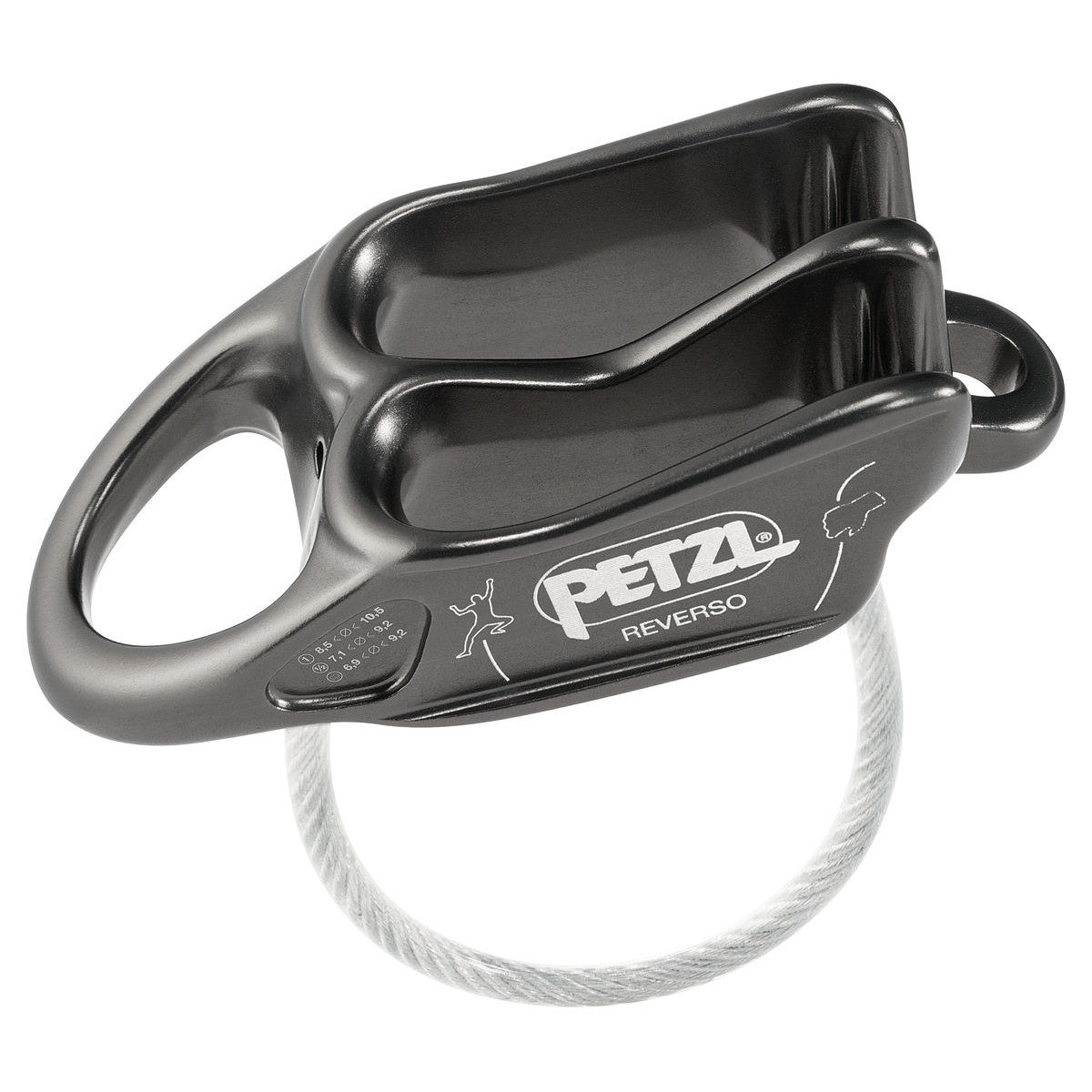 Petzl Reverso belay device, side view shown in grey colour in Grey