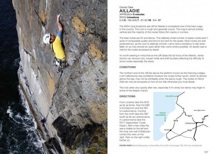 Rock Climbing in Ireland guide, example inside pages showing photos and maps
