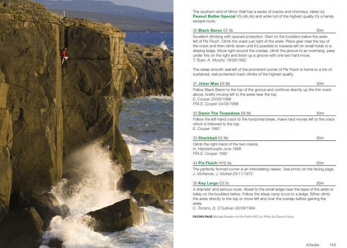 Rock Climbing in Ireland guide, example inside pages showing photos and topos