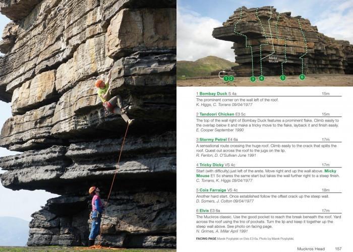 Rock Climbing in Ireland guide, example inside pages showing photos and route desriptions