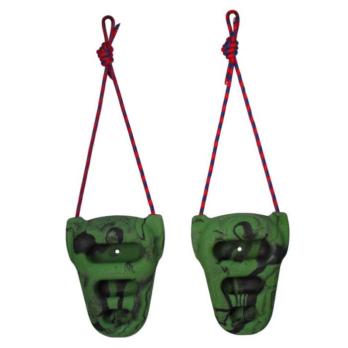 Pair of Metolius Rock Rings, shown hanging from red cord, in green/black colours