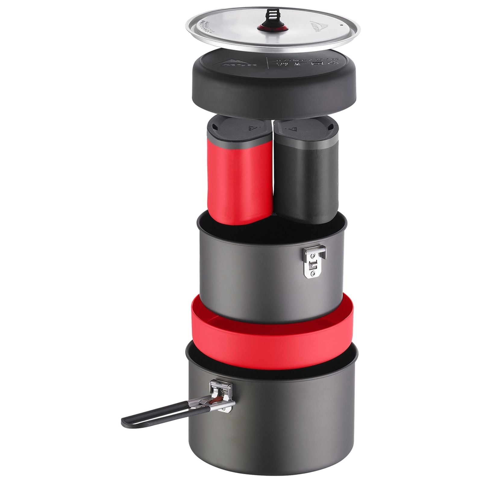 MSR Quick 2 System cookware set, shown stacked to display how items would store and pack down small