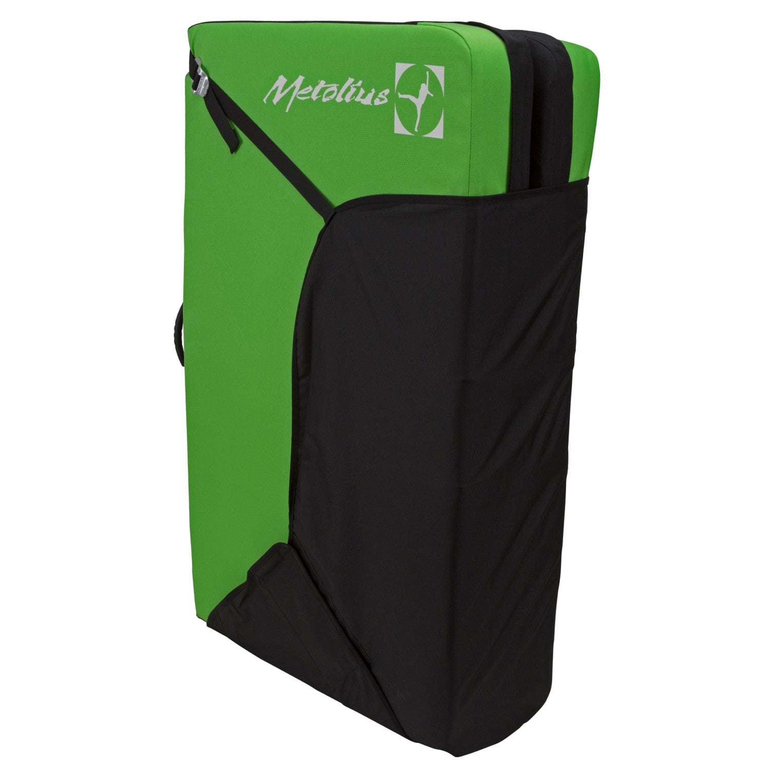 Metolius Session II crash pad, shown closed and stood upright in black and green