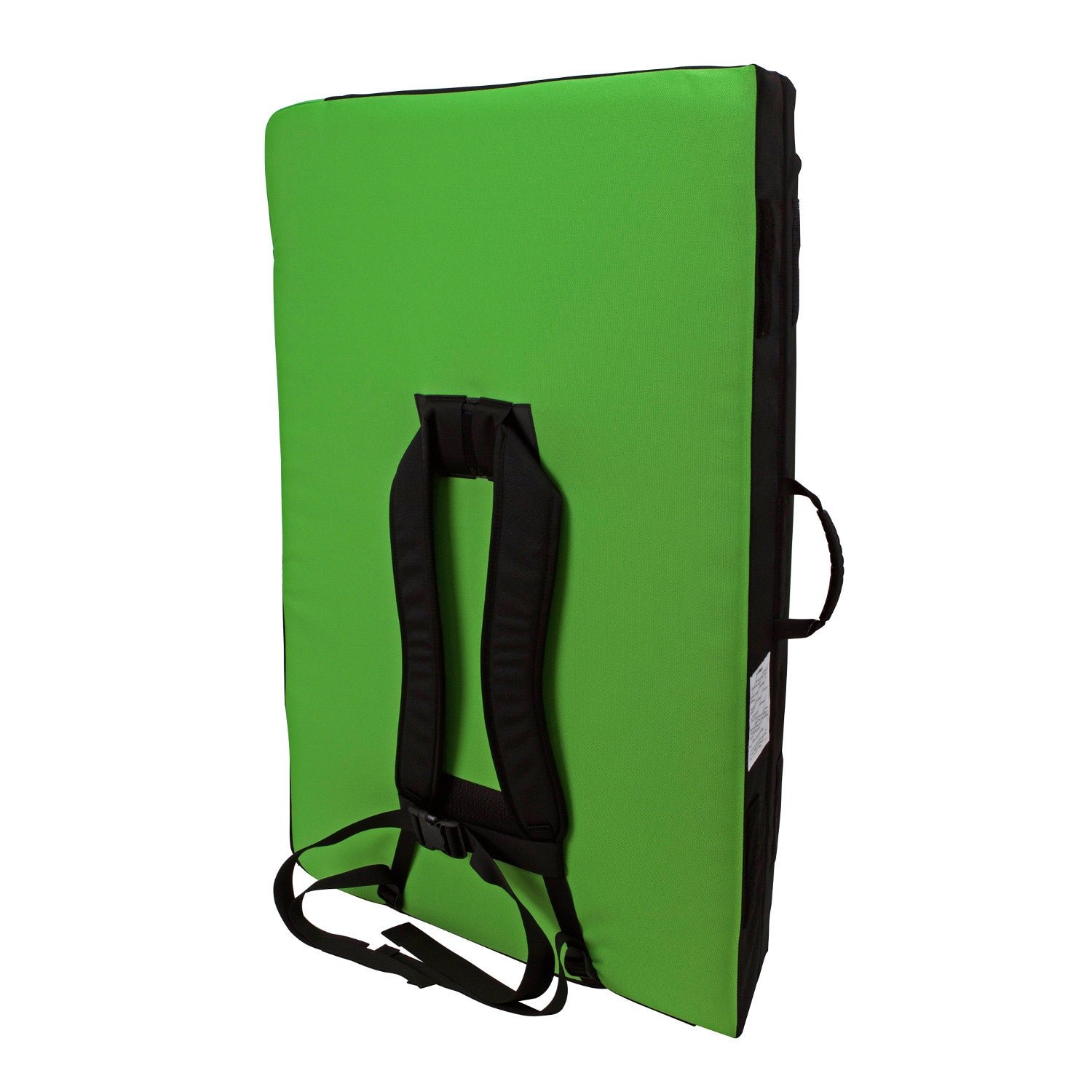Metolius Session II crash pad, shown closed and stood upright in black and green