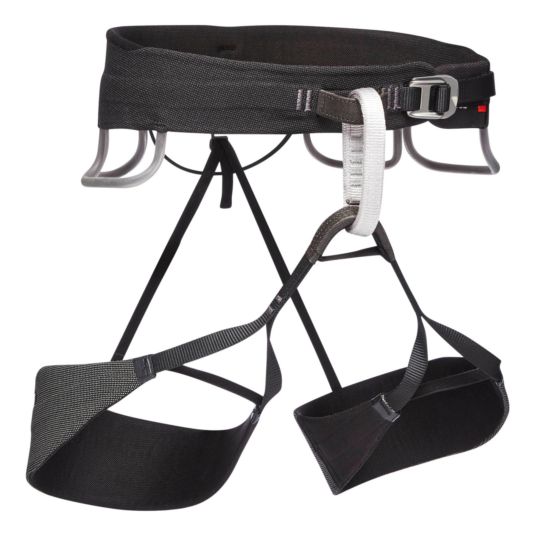 Black Diamond Solution Guide climbing harness, front/side view in black/white colours