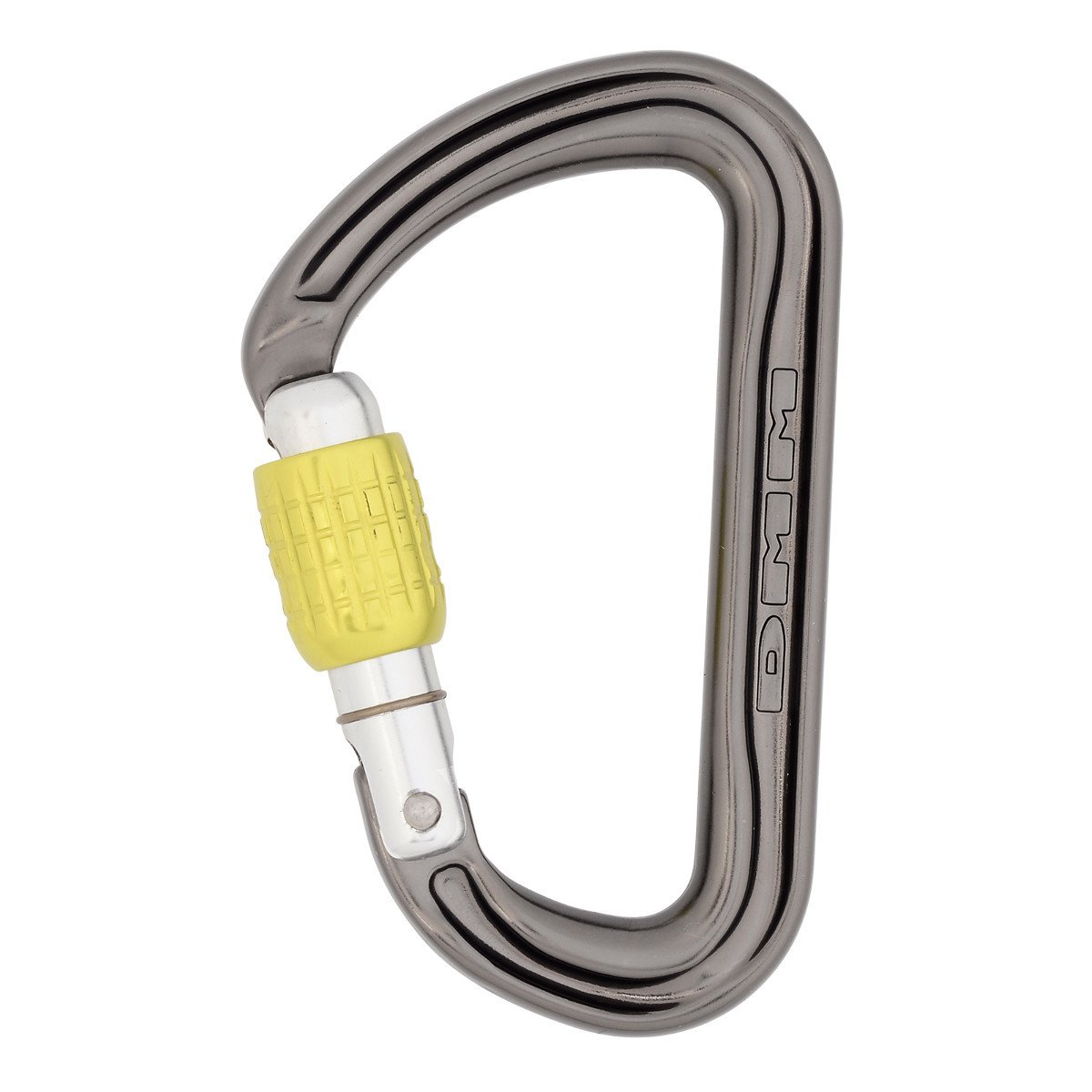  DMM Shadow Screwgate Carabiner, in gun metal grey colour with a yellow lock