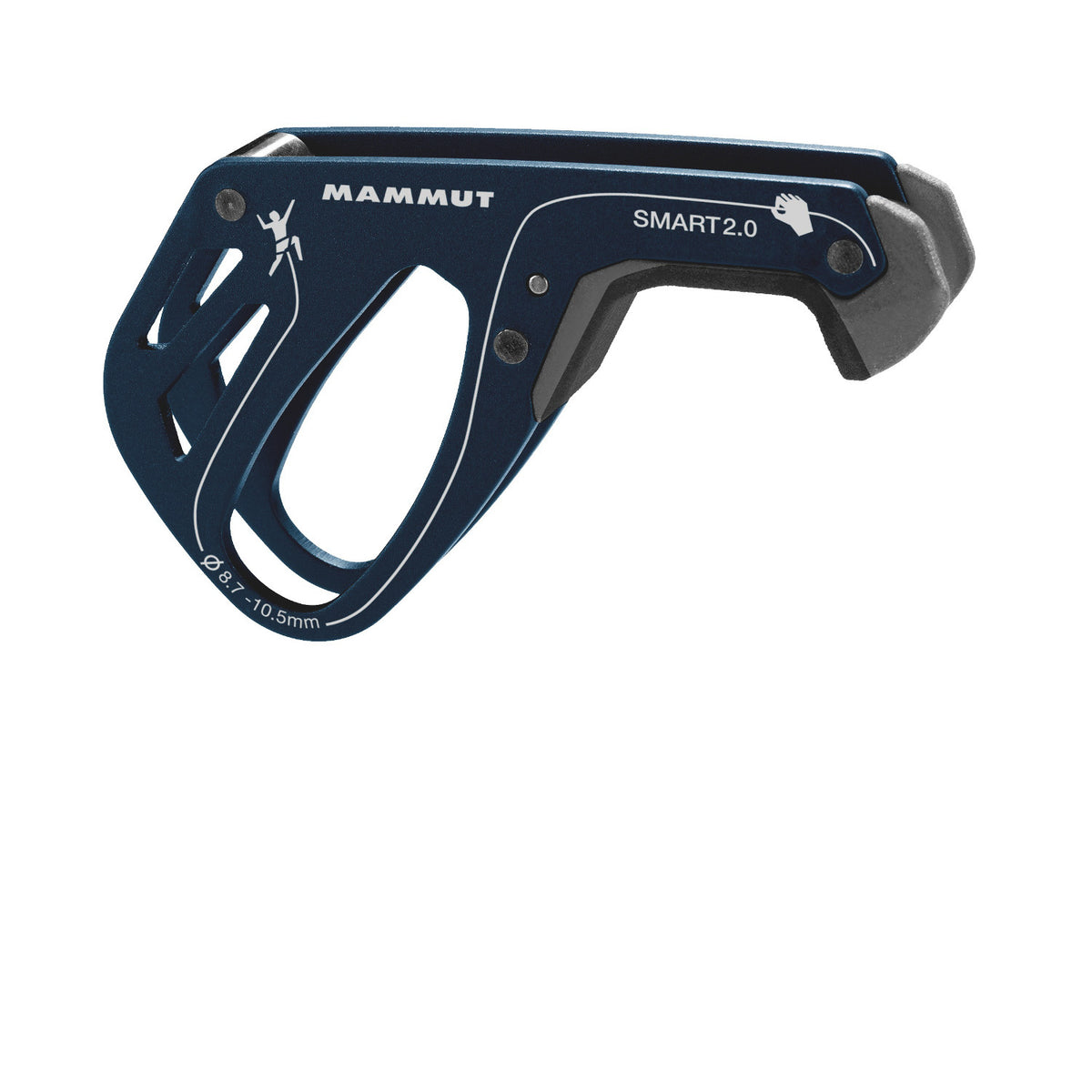 Mammut Smart 2.0 Belay Device, shown side on in blue colour