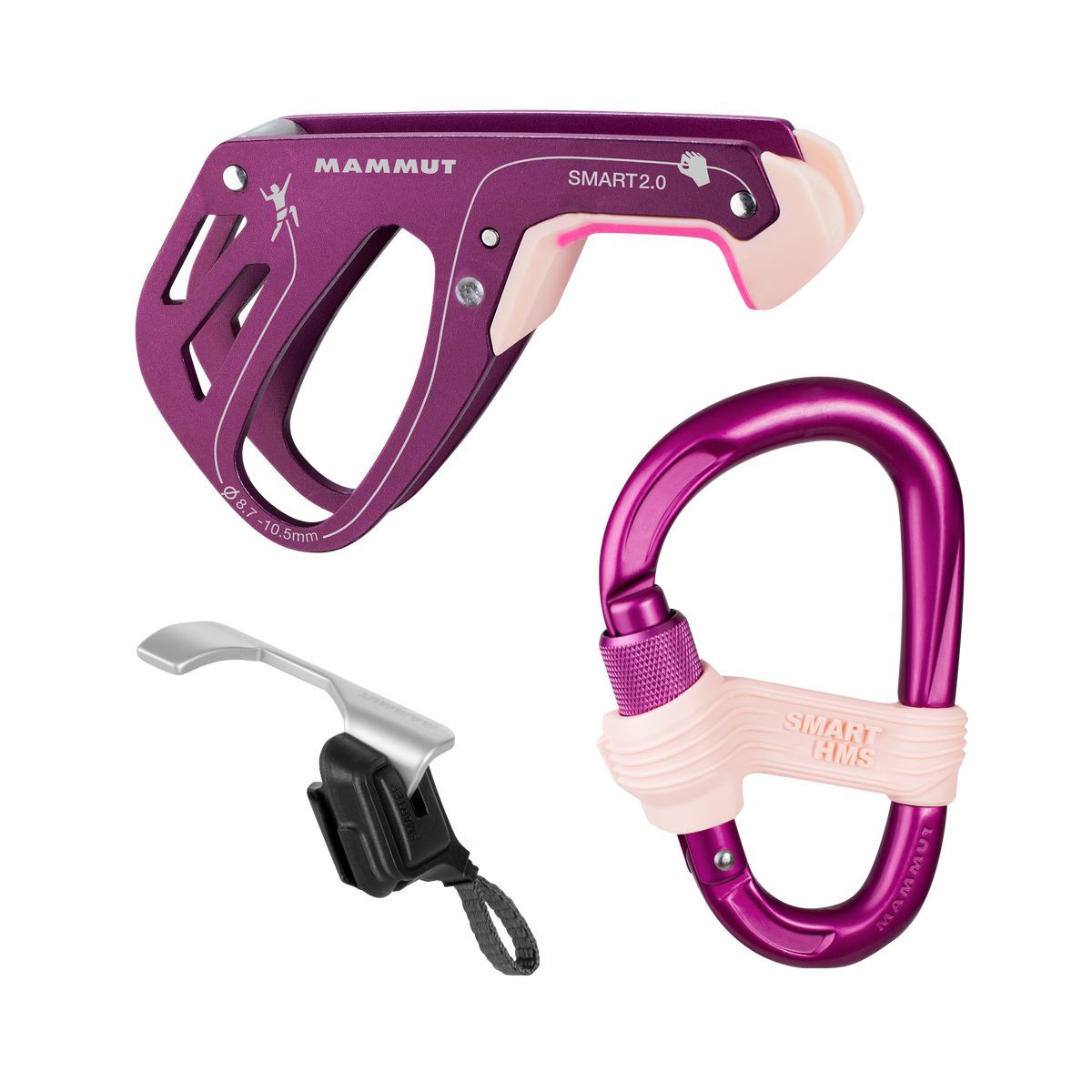 Mammut Smarter 2.0 Belay Package, showing the carabiner, belay device and safety gate individually. in galaxy pink colour