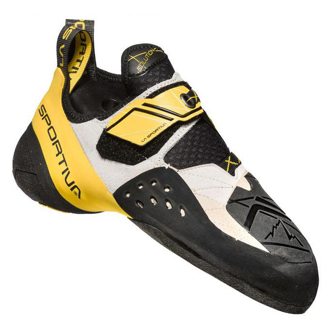 La Sportiva Solution climbing shoe, in black, yellow and white colours