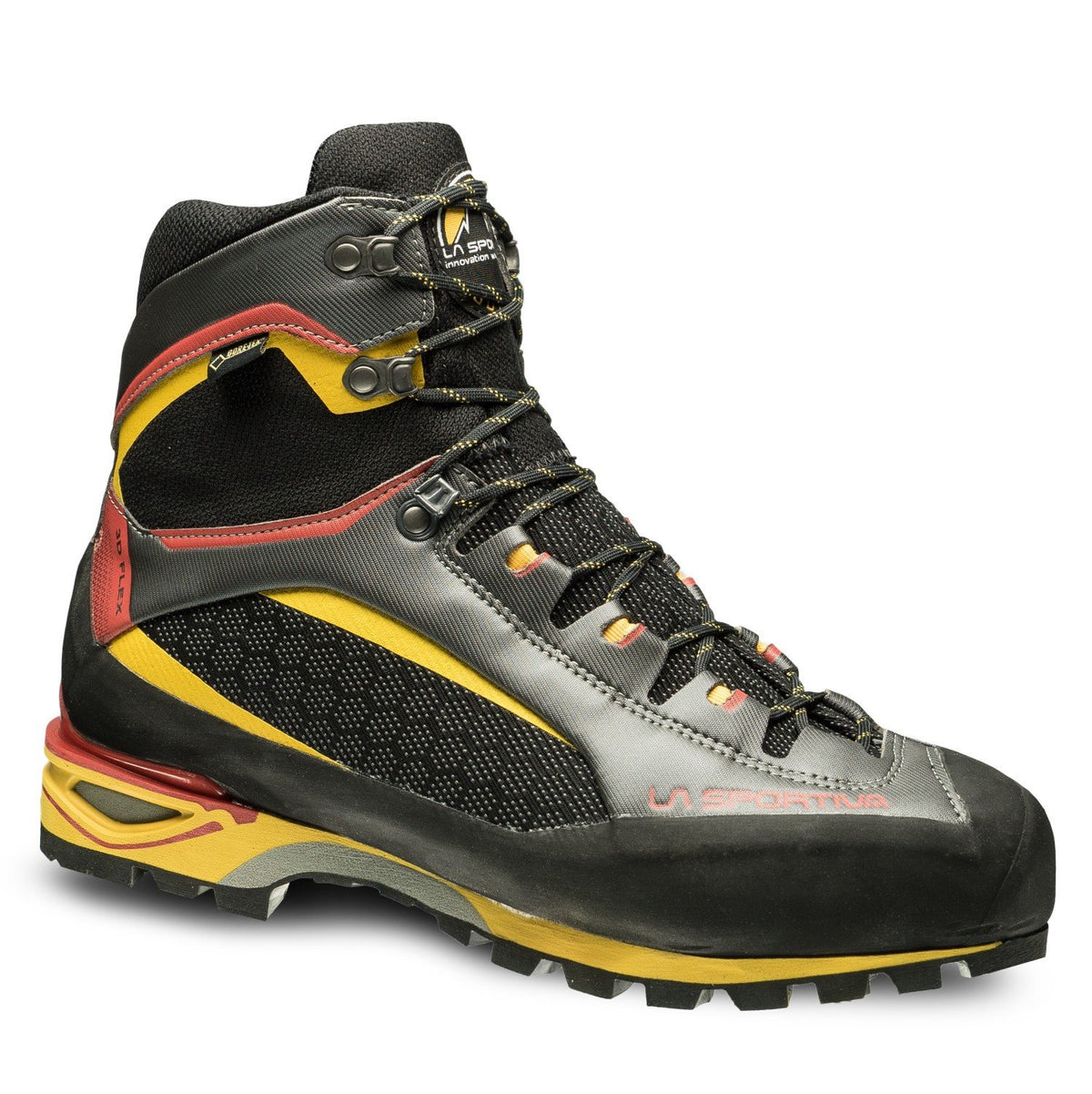 La Sportiva Trango Tower GTX Mountaineering Boot, in black, grey, red and yellow colours