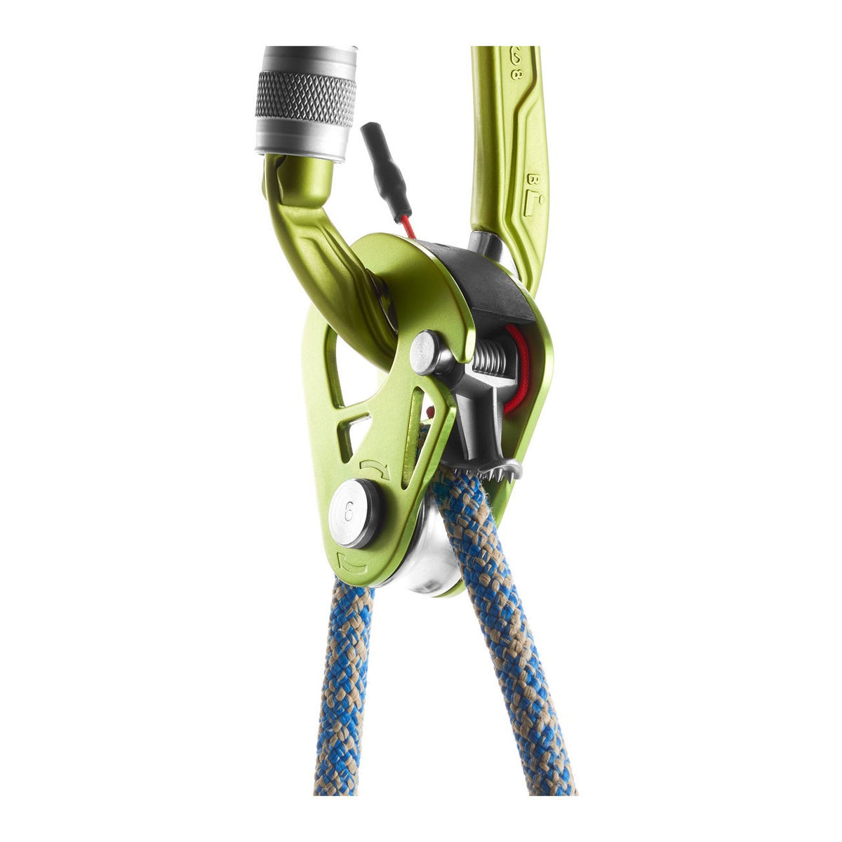 Edelrid Spocshown in use with a blue rope and green carabiner
