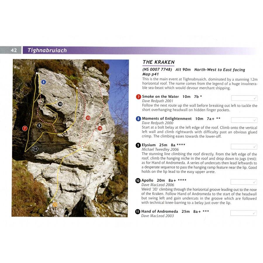 Scottish Sport Climbs guide, inside page examples showing photo-topos and route descriptions