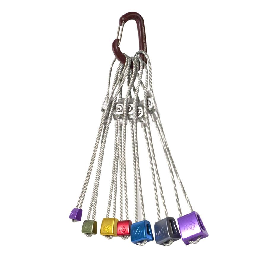 Black Diamond Stopper Classic climbing nut Set, multi-coloured shown fanned out on a carabiner