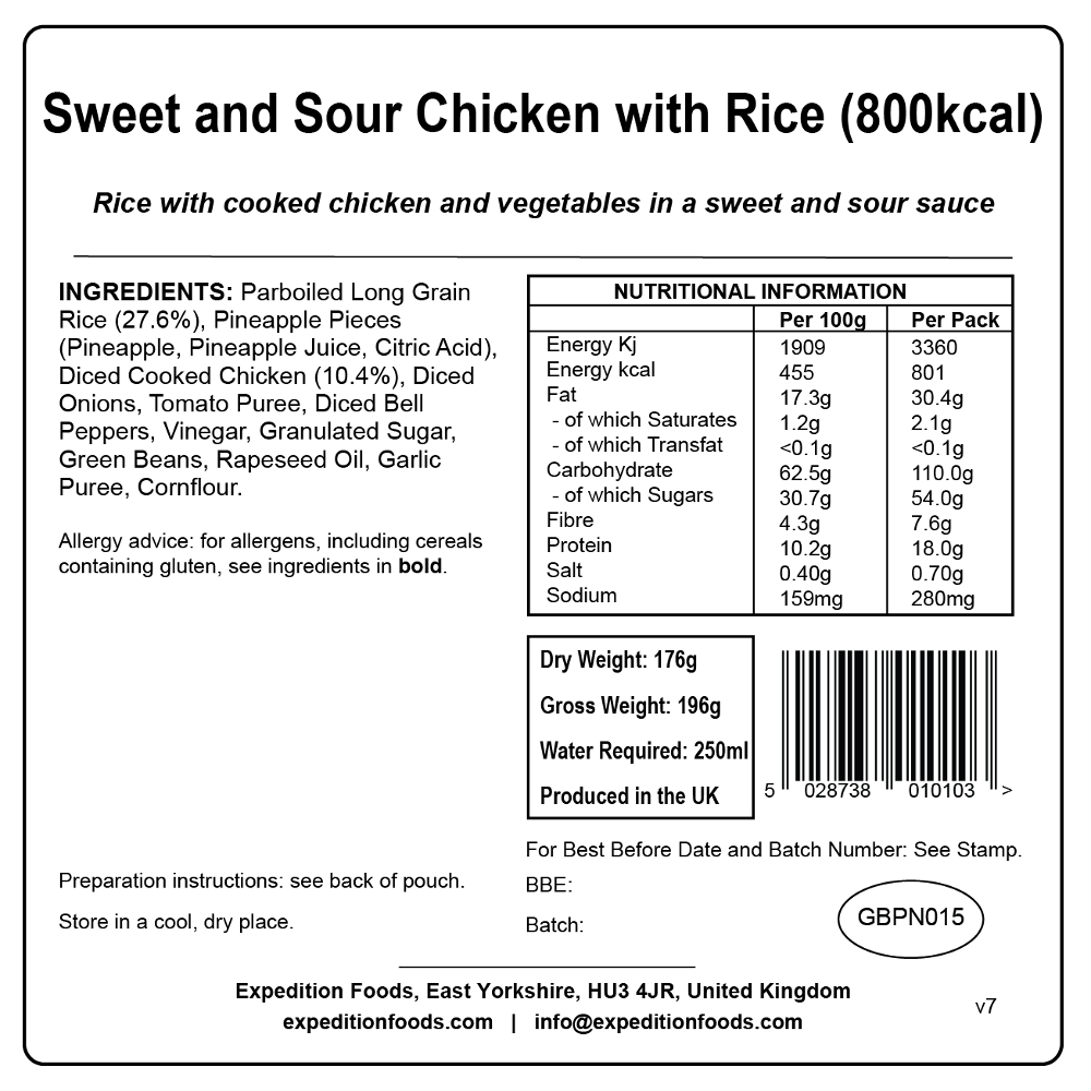 Expedition Foods Sweet and Sour Chicken with Rice, dried food pack showing ingredients