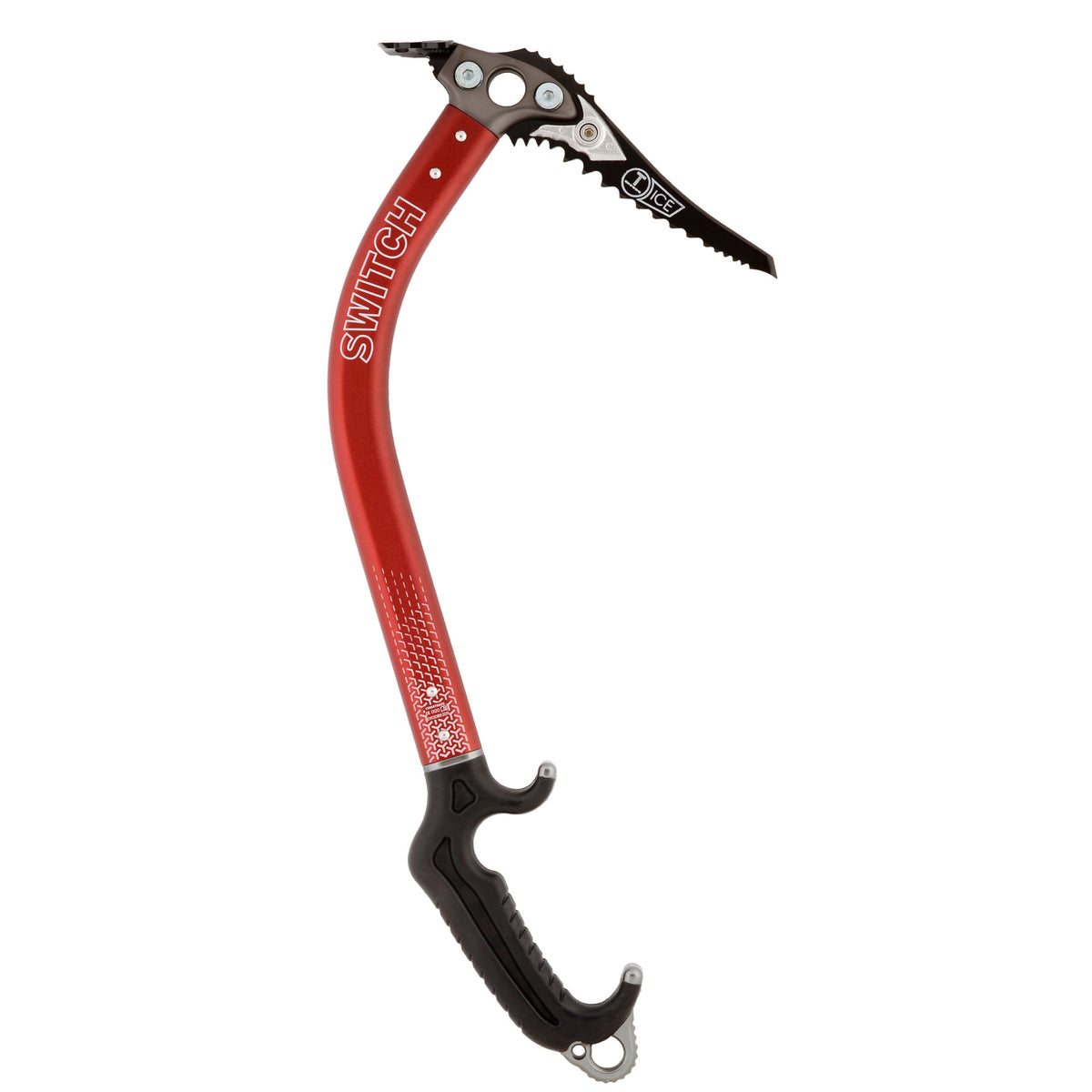 DMM Switch Ice Axe, side view shown in black and red colours