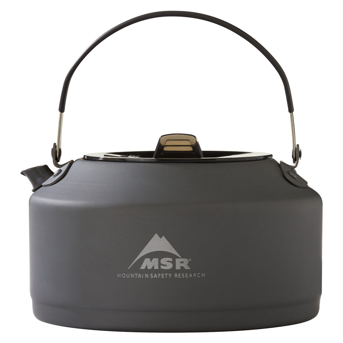 MSR Pika 1.0L Teapot, in dark grey colour with the handle upright