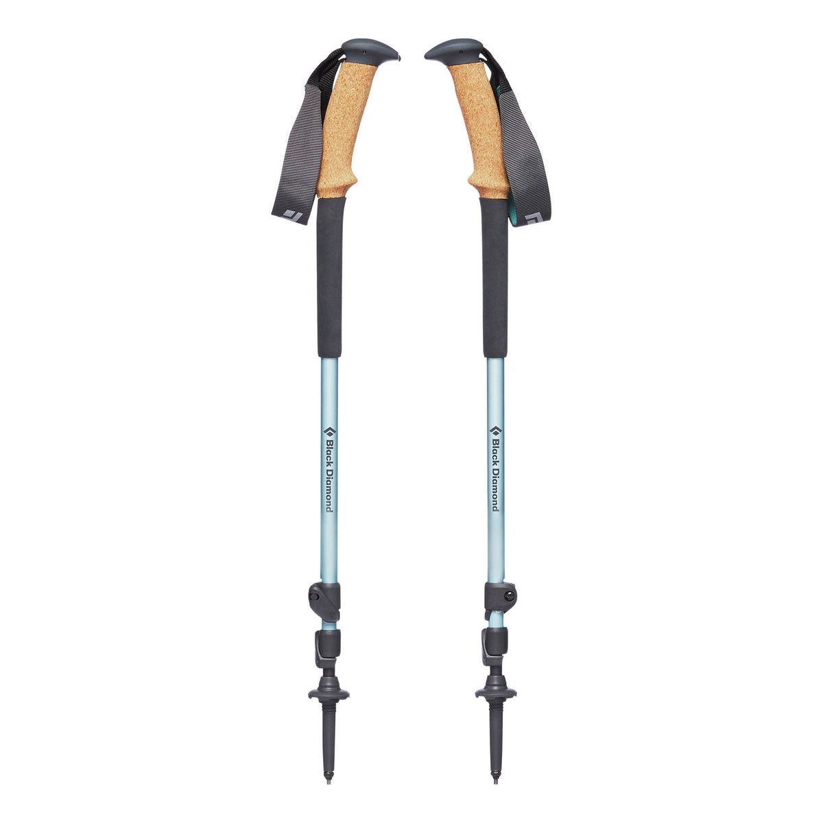 Pair of Black Diamond Trail Ergo Cork Women&#39;s poles, shown collapsed with angled cork handle