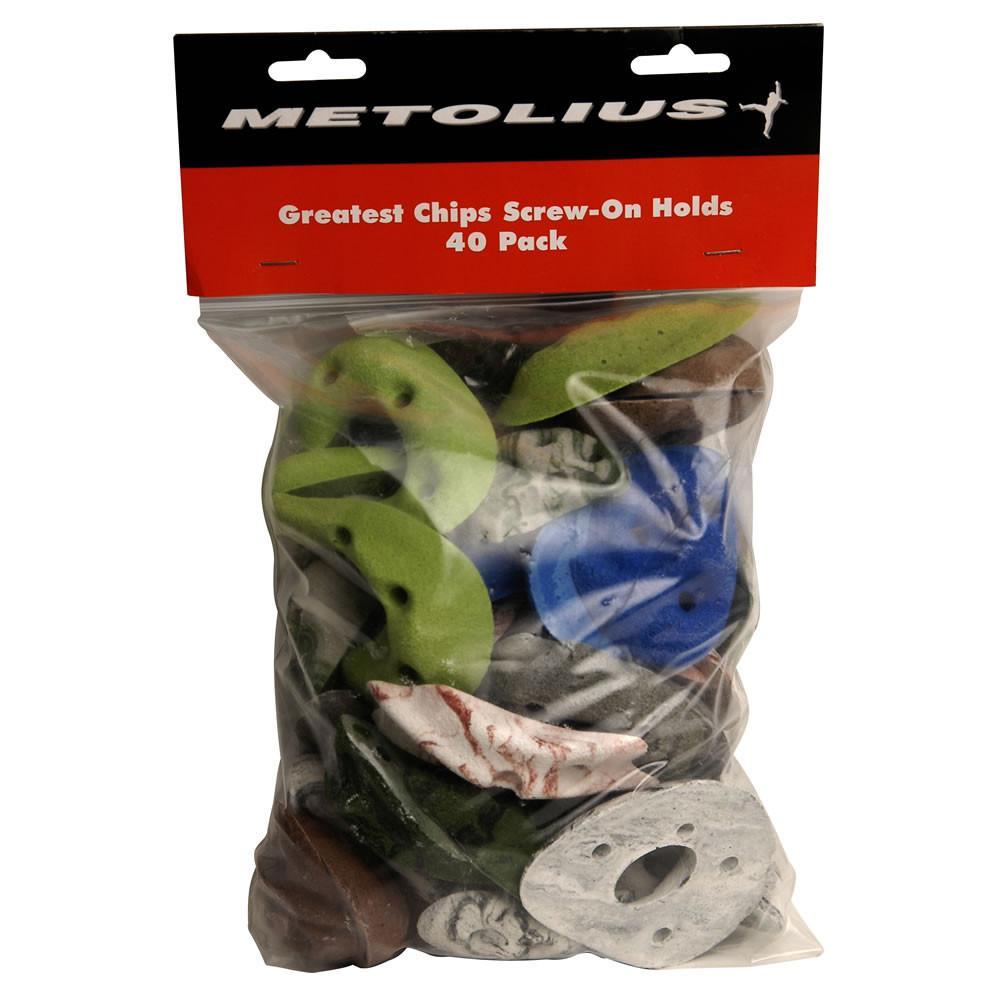Metolius Greatest Chips Screw-on 40 Pack climbing holds, shown in packet