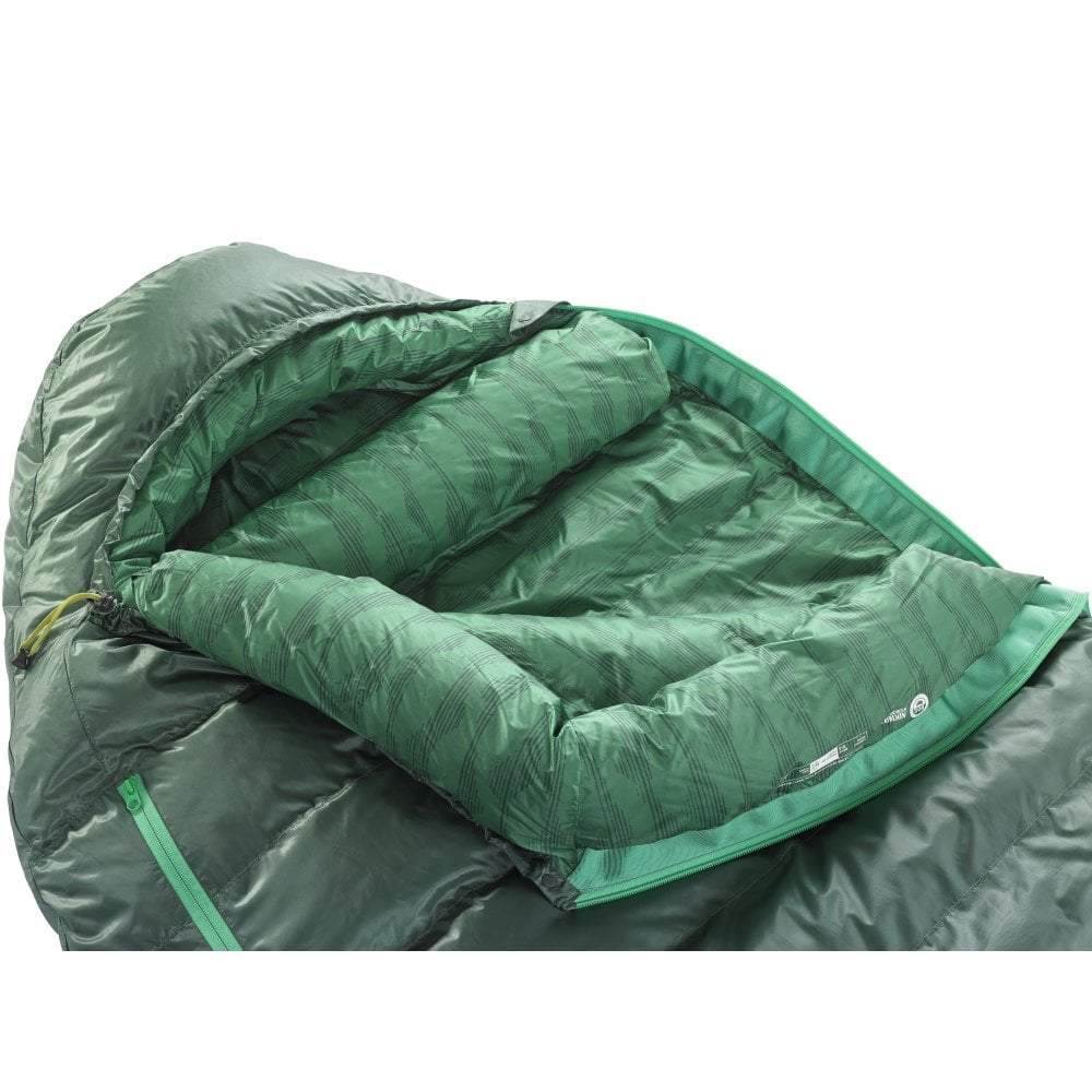 Thermarest Questar 32F/0C sleeping bag in dark green open close up side angle