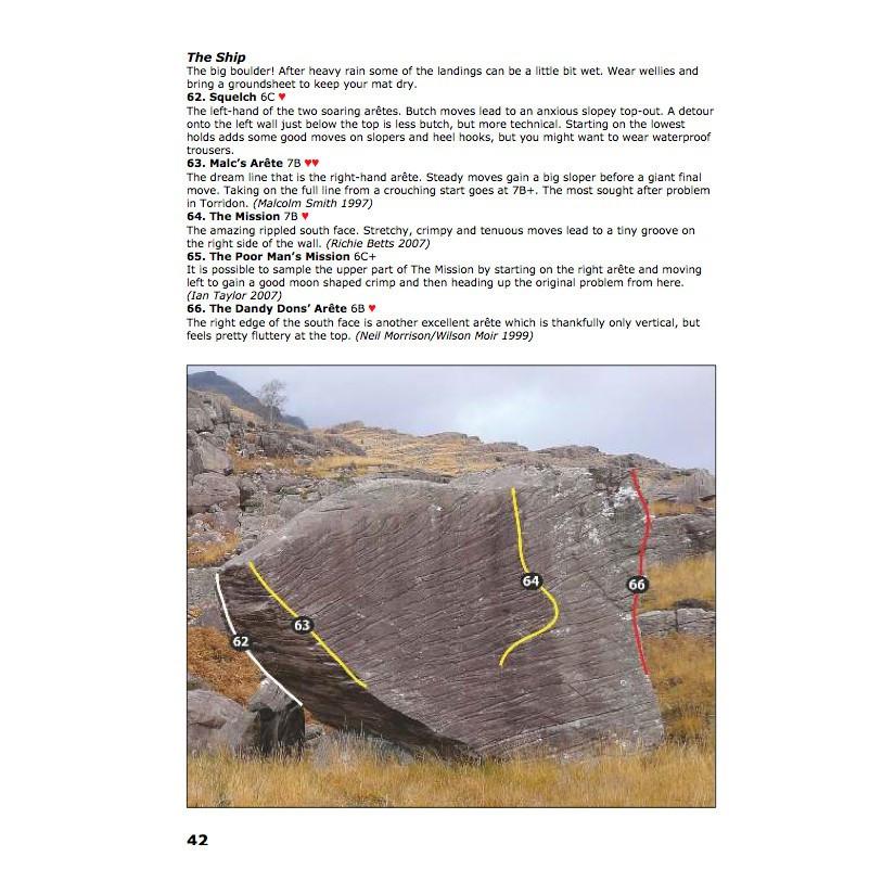Torridon Bouldering guidebook, example inside pages showing photos and route descriptions
