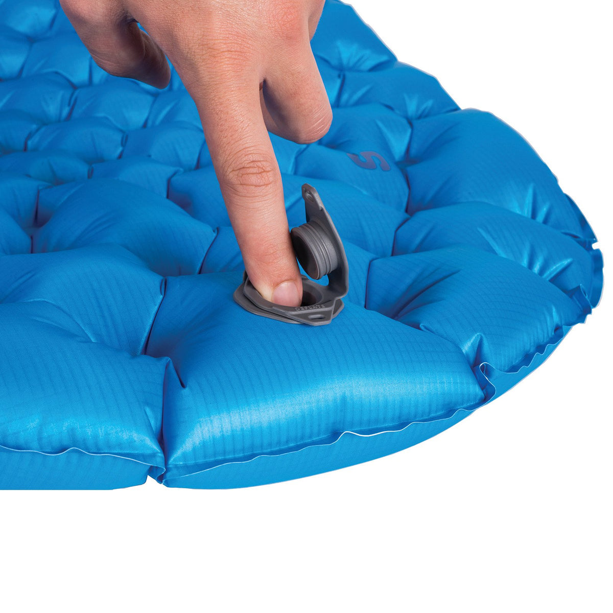 Sea to Summit UltraLight Mat showing finger pointing to inflation valve