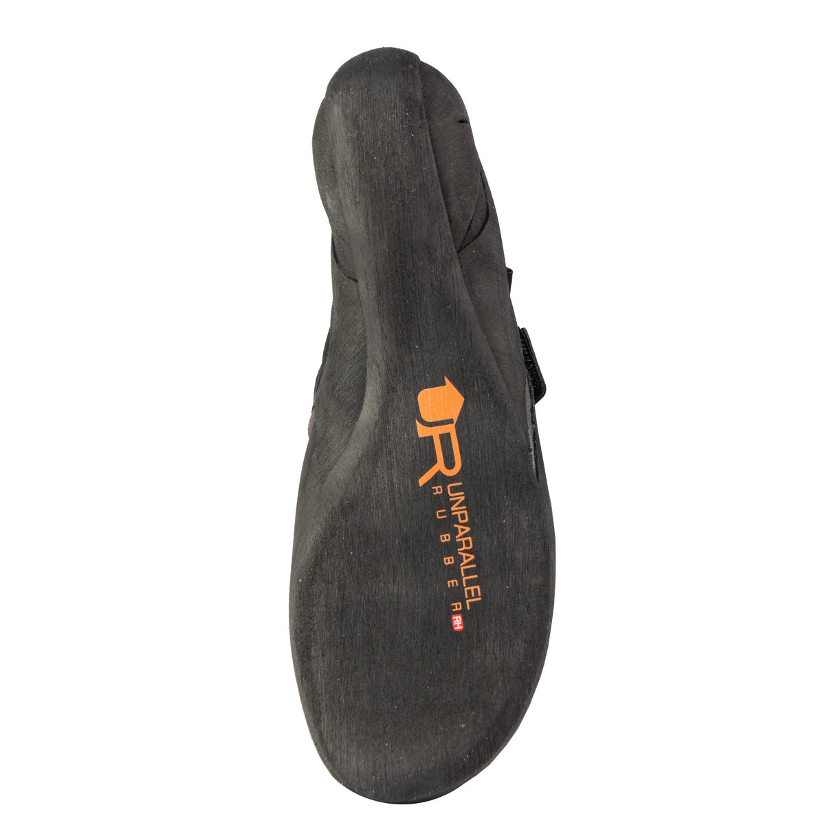 Sole view of the Unparallel Regulus Climbing shoe showing the large orange logo and RH in red