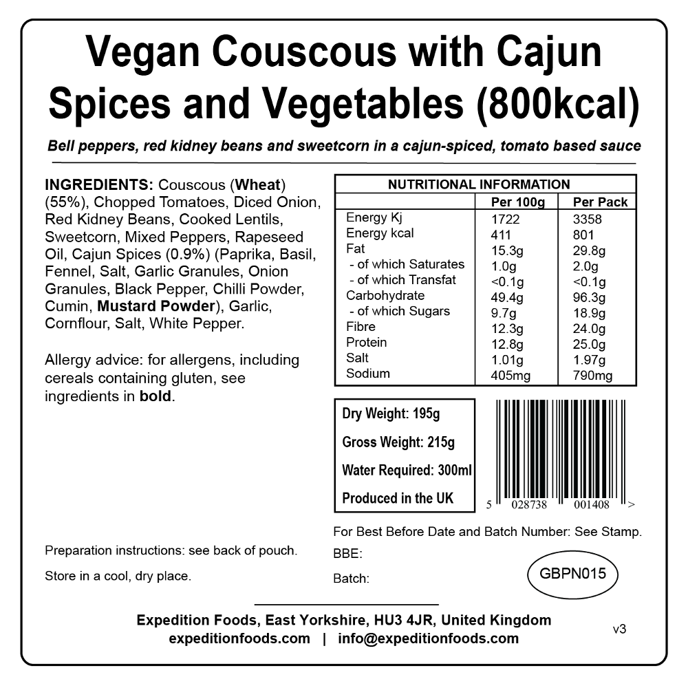 Expedition Foods Couscous with Cajun Spices and Vegetables (800kcal) front package cover shown