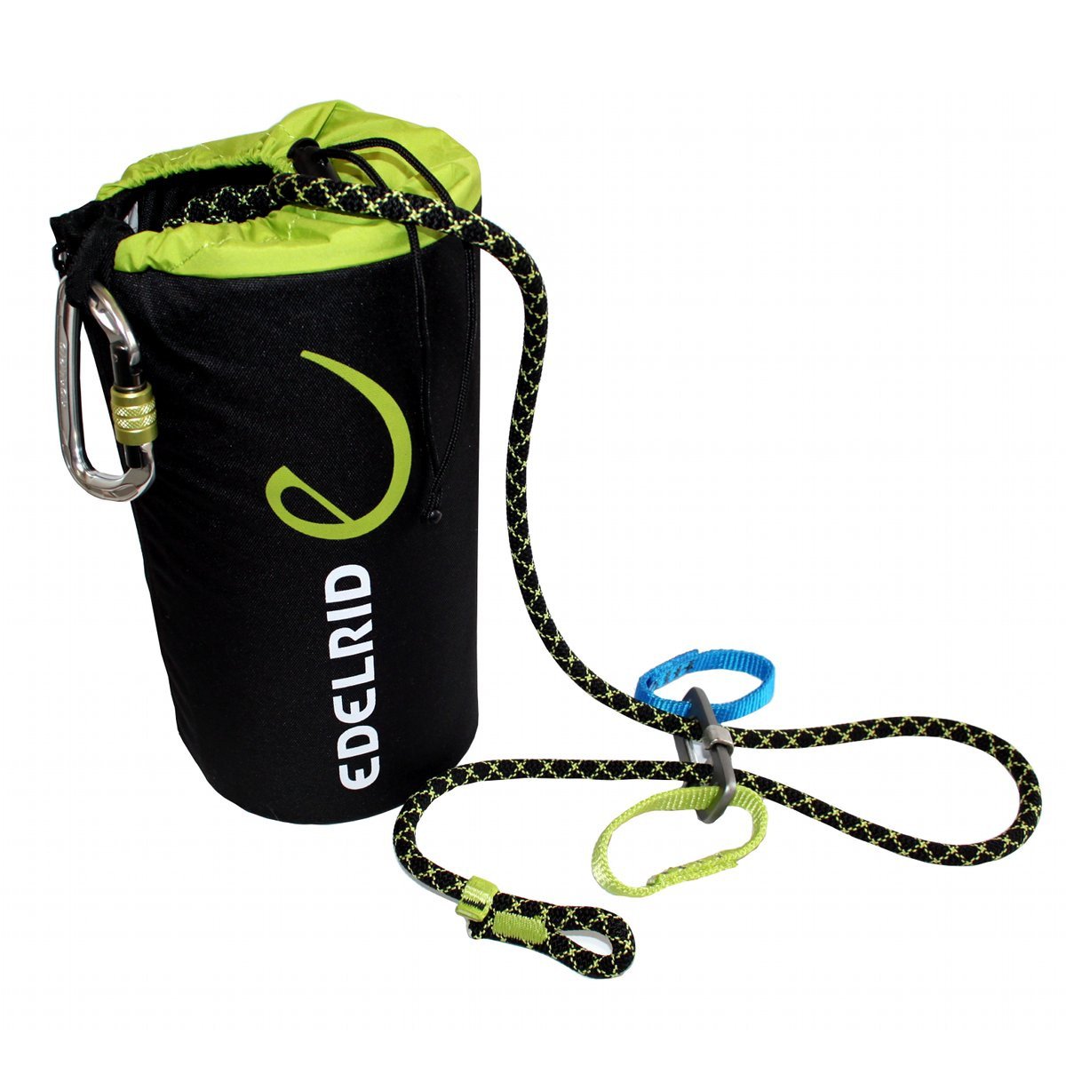 Edelrid Via Ferrata Belay Kit, showing rope bag, lanyard and carabiner in black and green colours