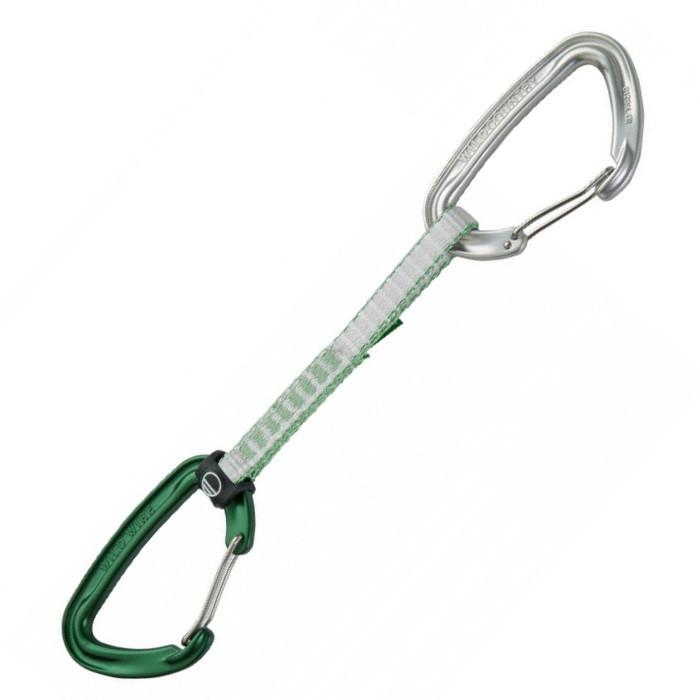 Wild Country Wildwire Quickdraw 15cm, with a green/white sling with silver and green carabiners