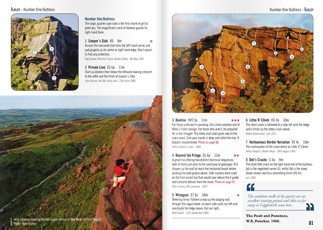 Yorkshire Gritstone Volume 2 (YMC) climbing guidebook, example inside pages showing photos and topos