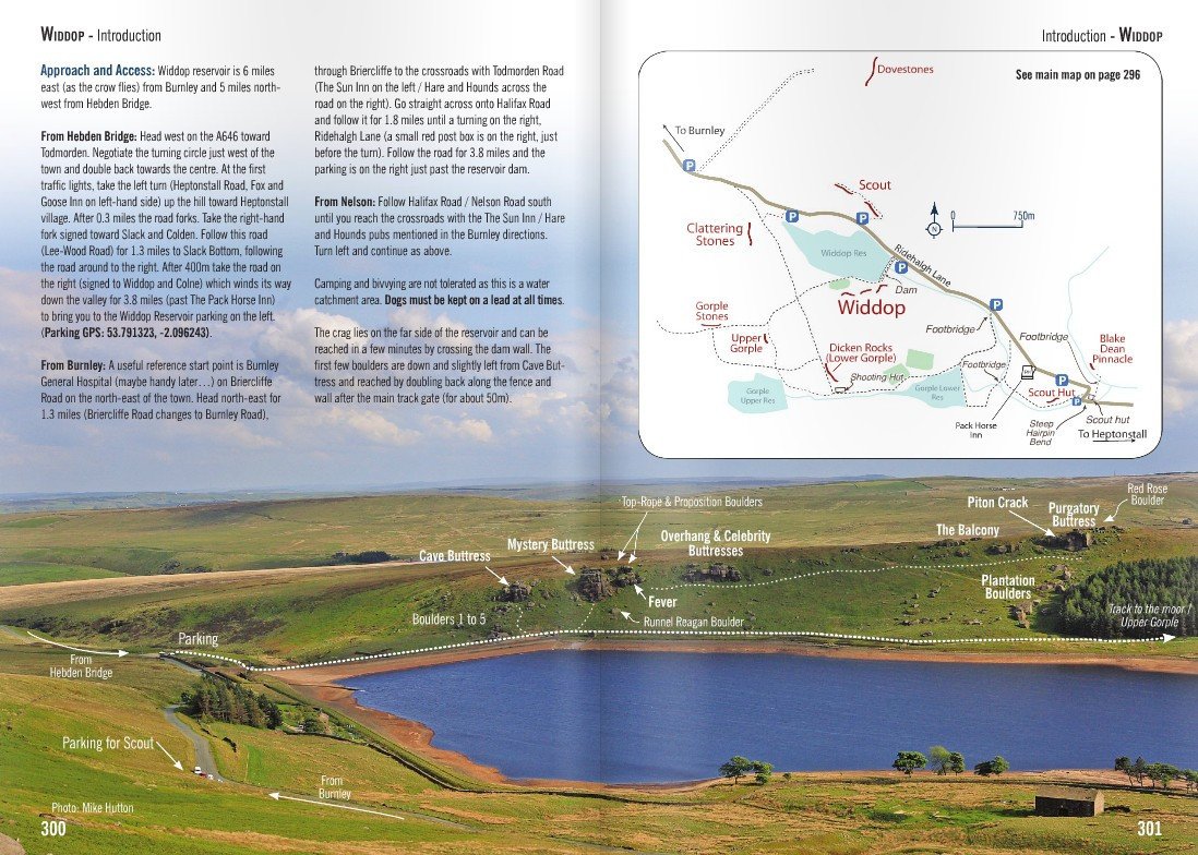 Yorkshire Gritstone Volume 2 (YMC) guidebook, example inside pages showing maps and approach info