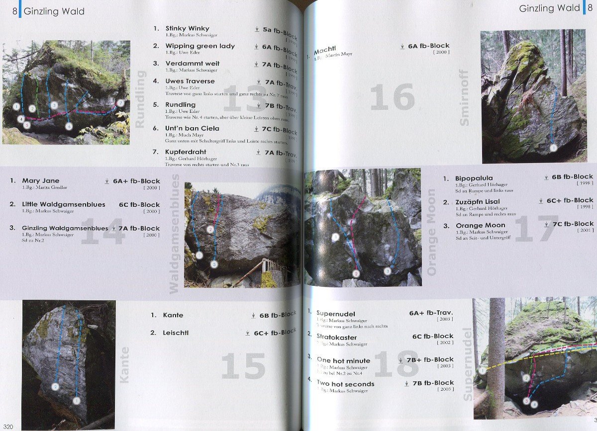 Zillertal: Sport Climbing &amp; Bouldering guide, example inside pages showing topos