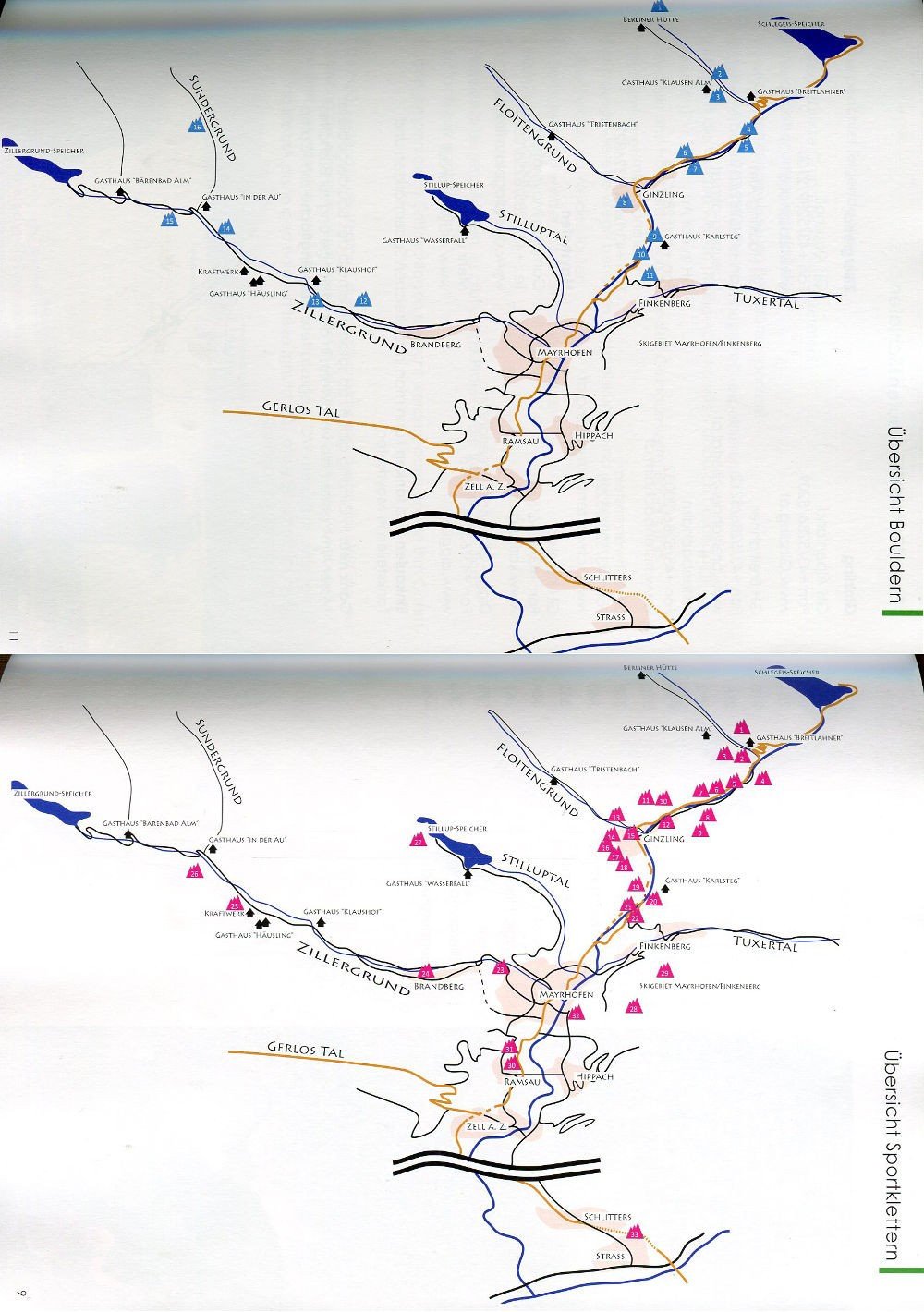 Zillertal: Sport Climbing &amp; Bouldering guide, example inside pages showing maps